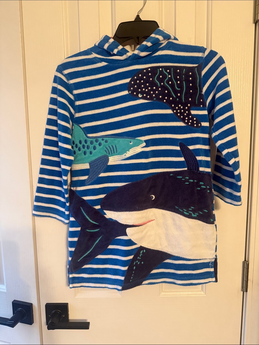 Mini Boden Blue and White Striped Shark Hoodie Towel Tunic
